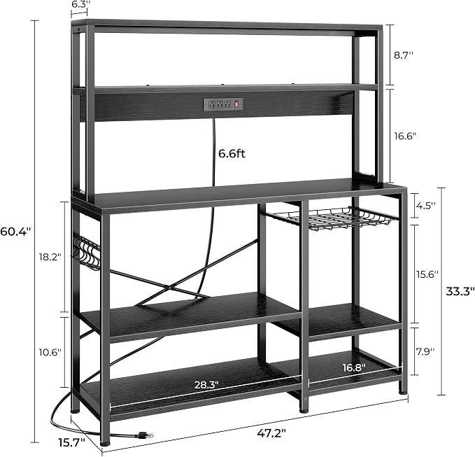 SUPERJARE Bakers Rack with Power Outlet, 47.2 Inches Coffee Bar with Basket | Kitchen Microwave Stand with 3 Level-Adjustable Open Shelves, with 7 S-Shaped Hooks, Black
