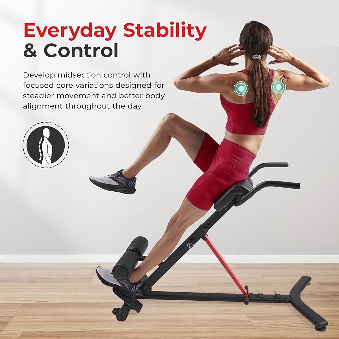 Sunny Health & Fitness Foldable Roman Chair, Back Hyperextension Bench | Adjustable Height, Folds Flat for Storage, Built in Dip Station, Targets Back, Abs & Core, Crunches & Back Extensions