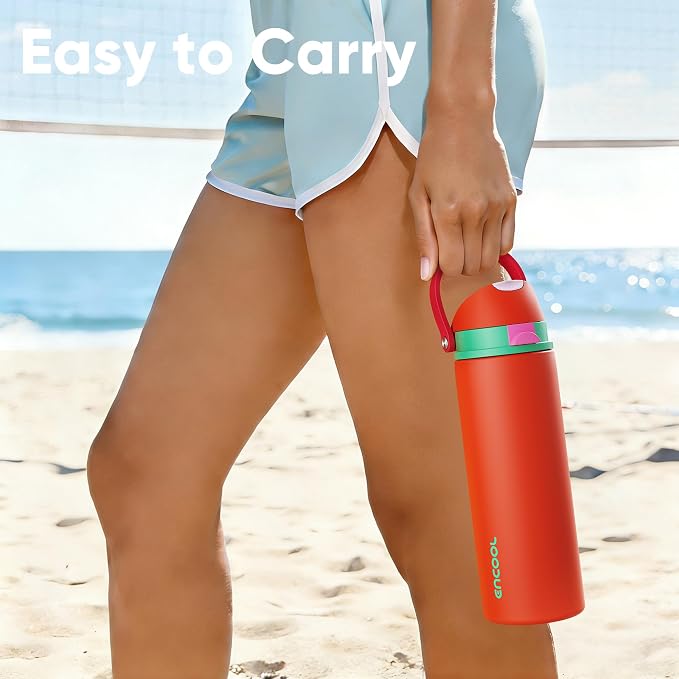 Insulated Water Bottle with Straw - Encool Stainless Steel Water Bottle with Push Button Lid, Leak-Proof & BPA-Free, Keeps Cold for 24 Hours for Sports, Travel, Gym (24 oz, Grapefruit Red)