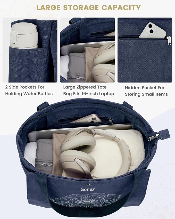 Gonex Yoga Mat Bag For Women Canvas Tote Pilates Gym Bag With Mat Carrier | Front-Opening Quick Access Mat Straps, Durable Cotton Canvas, Machine Washable, Bottle Holder Multi Pockets, Yoga Gym Travel