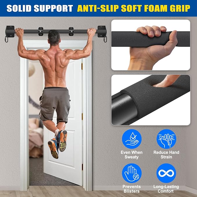 Kipika Wall Mounted Pull Up Bar - Heavy Duty 500 LB Capacity Doorway Chin Up Bar for Home Gym, Sturdy Steel Construction with Resistance Band Hooks | Hanging Exercise Bar for Full Body Workout