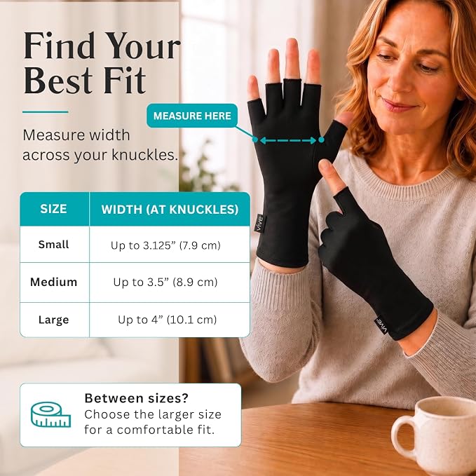 Vive Arthritis Gloves - Men, Women Rheumatoid Compression Hand Glove | Osteoarthritis- Arthritic Joint Pain Relief - Carpal Tunnel Wrist Support - Open Finger, Fingerless Thumb for Computer Typing