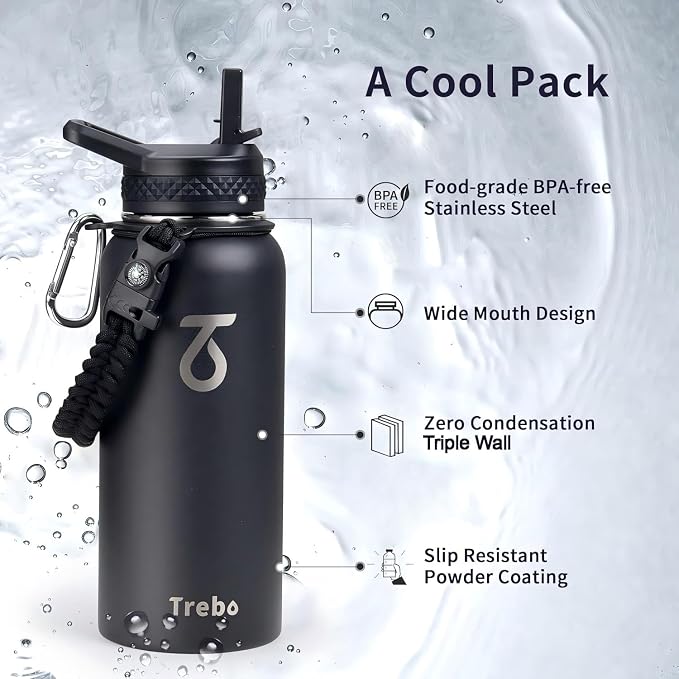 Trebo Insulated Water Bottle 32 oz with 3 Lids, Paracord Handle & Sleeve | Stainless Steel Metal Flask Vacuum, Triple Wall Copper Plated, Dishwasher Safe, Cold 48Hrs for Trail, Hiking, Wide Mouth