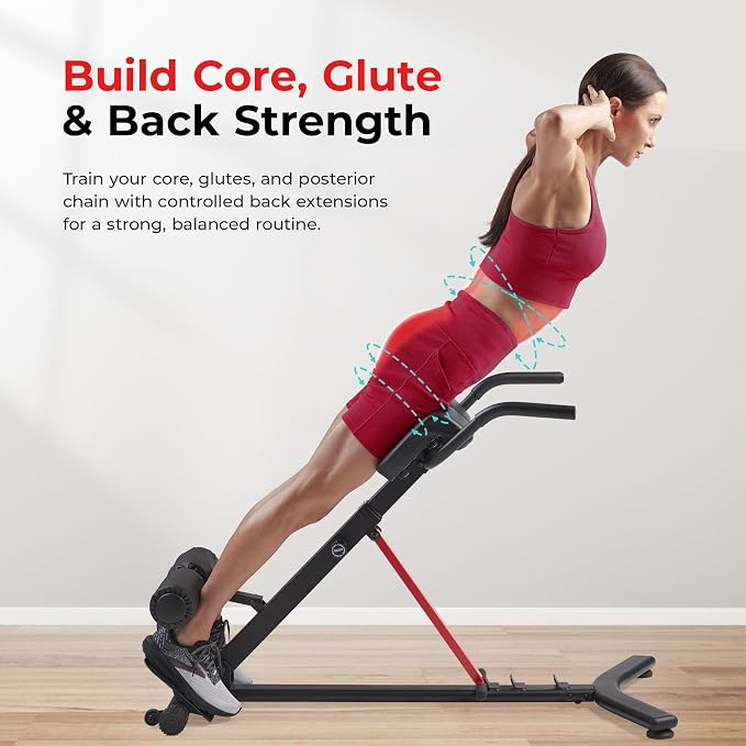 Sunny Health & Fitness Foldable Roman Chair, Back Hyperextension Bench | Adjustable Height, Folds Flat for Storage, Built in Dip Station, Targets Back, Abs & Core, Crunches & Back Extensions