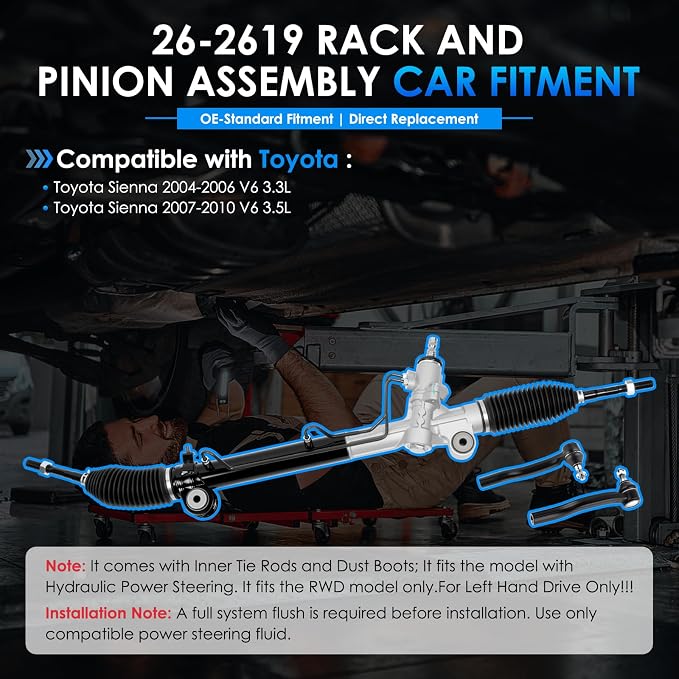 26-2619 Hydraulic Power Steering Rack and Pinion Fit for Toyota Sienna 2004-2006 3.3L, Sienna 2007-2010 3.5L Automotive Replacement Rack & Pinion Assembly with Outer Tie Rod Ends 44250-08040