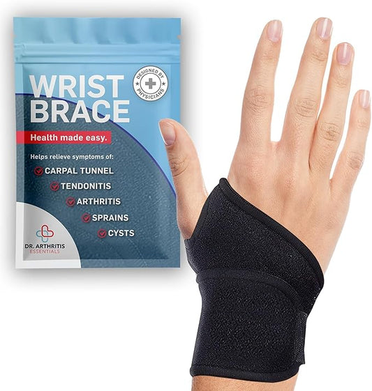 Dr. Arthritis Essentials Wrist Brace for Support & Pain Relief – Adjustable Wrist Wraps for Stability & Comfort – Ideal for Recovery, Work, Sports, and Everyday Use (Black Single)