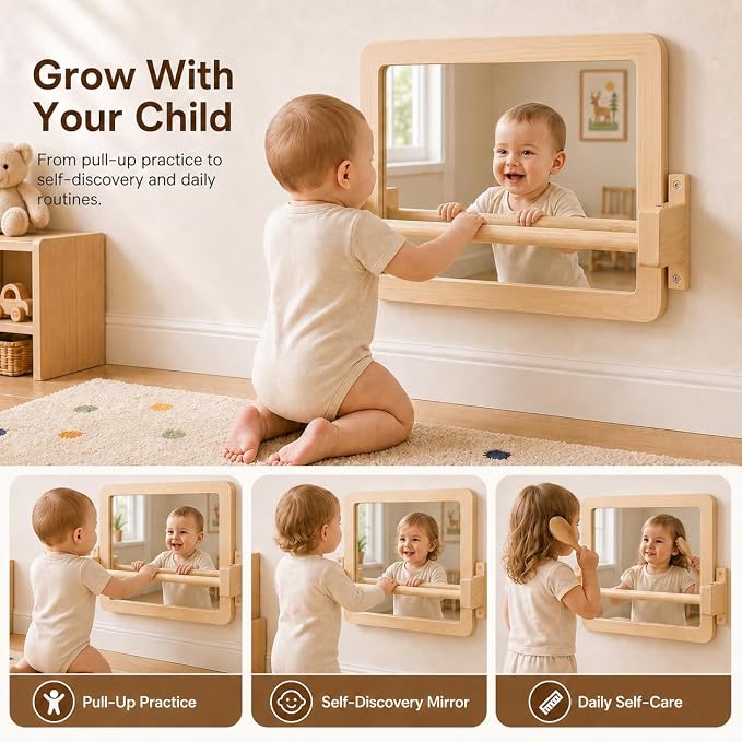 Ogears Montessori Baby Pull Up Bar, Montessori Small Mirror is Suitable for Babies Aged 6 to 18 Months, Infants Registry Item, 19.7 * 15.8 inches