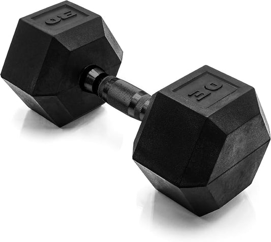 CAP Rubber Coated Dumbbell Weights, Free Weights for Home Gym Strength Training, Anti-Roll Hex Dumbbells with Black, Chrome & Comfort Grip Handles, Singles