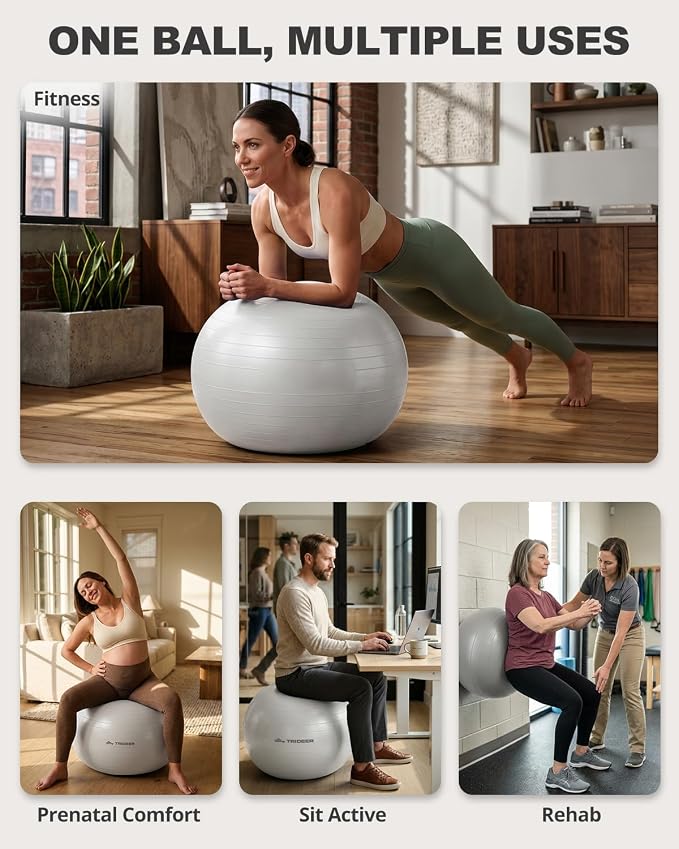 Trideer Yoga Ball for Exercise, Pilates, Core & Balance Training, Stability Ball for Pregnancy & Birthing Prep, Physical Therapy, Daily Stretching, Office Chair for Active Sitting, Quick Pump Included