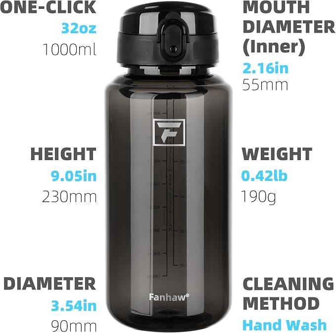 Fanhaw 32 Oz Clear Tritan Water Bottle, BPA-Free & Leak-Proof, Wide Mouth with Anti-dust Chug Lid, Reusable Plastic Bottle for Gym, Travel, School & Office, Back to School Essentials (Black)