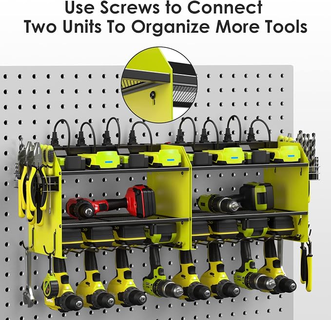 CCCEI Wall Mount Modular Tool Charging Organizer, Green, 2 Pack, 3 Tier. | Drill Battery Storage Rack with Hooks, Garage Workshop, Gifts for Men, Dad, Husband Anniversary, Birthday, Christmas