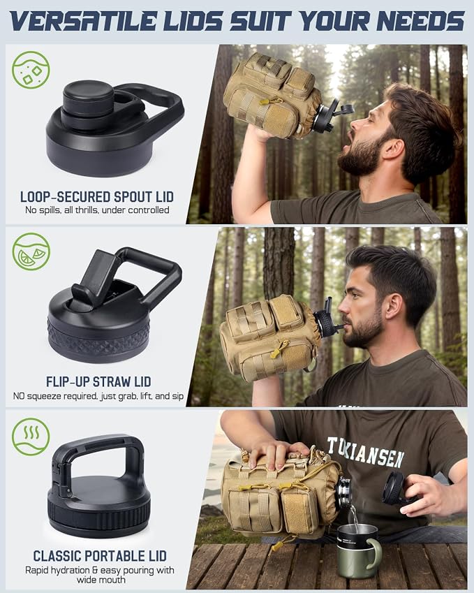RXW 64oz Insulated Water Bottle Half Gallon Water Jug with Sleeve Tactical | Stainless Steel Water Jug Large Military Water Bottle with 3-IN-1 Pouch/3 Lids/Straw/Paracord Handle for Gym/Camping/Workout