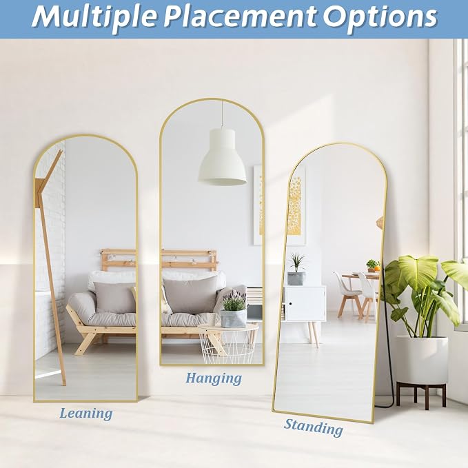 MirrMuse 56"x18" Arched Full Length Mirror, Gold Floor Mirror with Stand | Hanging or Leaning Against Wall, Tempered Glass, Full Body, for Bedroom Living Room, Aluminum Alloy Frame