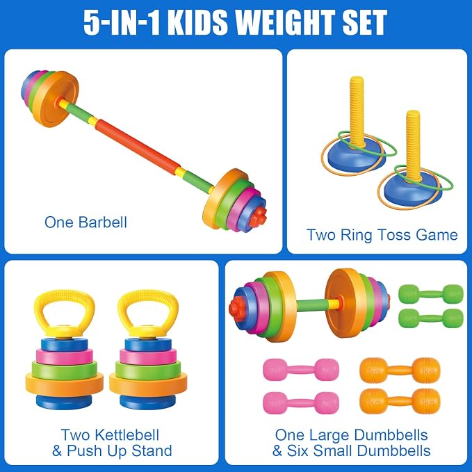 Kids Exercise Weight Set, Barbell and Dumbbell Workout Equipment, Toddler Beginner Gym Toy for Pretend Play Lifting Exercise & Fitness, Adjustable Fill with Sand or Water