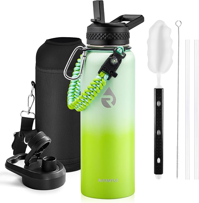 RAYMYLO Insulated Water Bottle 40 oz, Triple Wall Vacuum Stainless Steel | (Cold for 36Hrs, Hot for 18Hrs), Leak Proof & Non-BPA, Modern Water Flask Jug with Paracord Handle & Straw Spout Lids