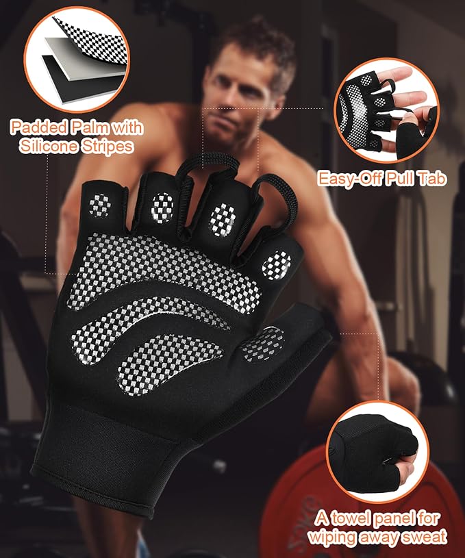 sunnex Weight Lifting Gloves with Extended Wrist Support - High-Grip Silicone Padded Gym Gloves for Men & Women, Breathable Fingerless Workout Gloves for Pull Ups, Training & Powerlifting (Black)