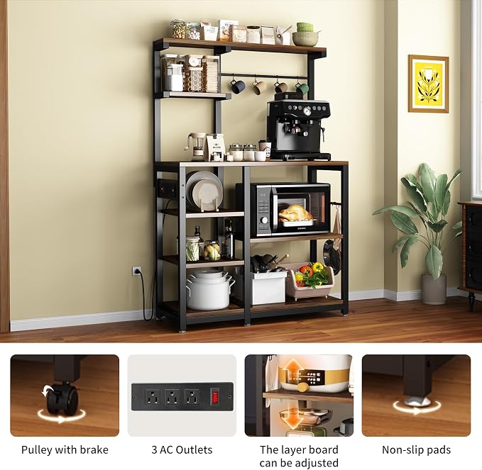 Large Bakers Rack with Power Outlet, Coffee Bar & Microwave Stand | Bakers Rack with Power Outlet, Coffee Bar Station & Microwave Cart, Metal Kitchen Storage Shelf with Wheels