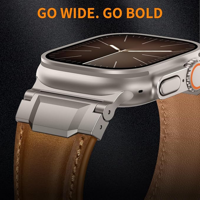 Bands Compatible with Apple Watch Ultra 3/2/1 Band 49/46/45/44mm | Genuine Leather Metal Connector Strap for iWatch Ultra Series 11/10/9/8/7/SE/6/5/4/3/2/1, Retro Brown/Titanium