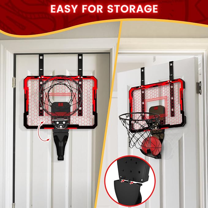 QDRAGON Mini Basketball Hoop with Scoreboard & 7 LED Lighting | Over The Door Indoor, with 3 Balls/Inflator/Breakaway Rim, Basketball Toy Gifts for Kids Adults, Suit for Bedroom/Office