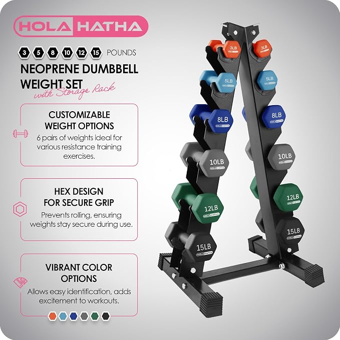 HolaHatha 1, 2 and 3 lb Neoprene Dumbbell Strength Training Weight Set with Rack