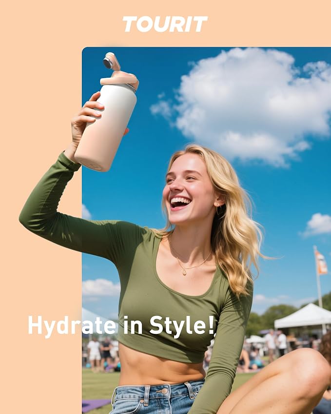 TOURIT 24 oz Insulated Stainless Steel Water Bottle, Khaki | Double-wall vacuum thermal flask with top handle, leakproof & BPA-free design for sports, gym, hiking & travel use