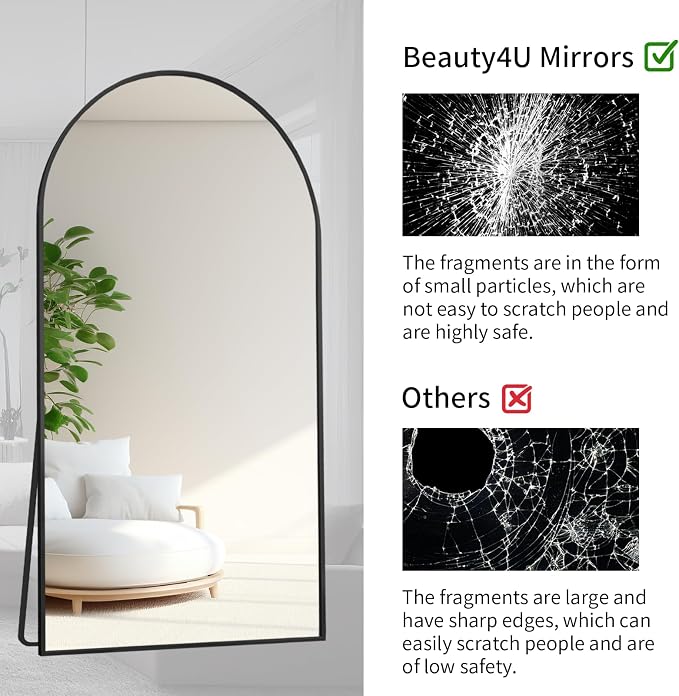 Beauty4U 76" x 34" Arched Full Length Mirror with Stand, Black Floor Mirror | Large Standing, Leaning, or Wall-Mounted Tempered Full Body Mirror with Metal Frame for Bedroom, Closet, Modern Home Decor
