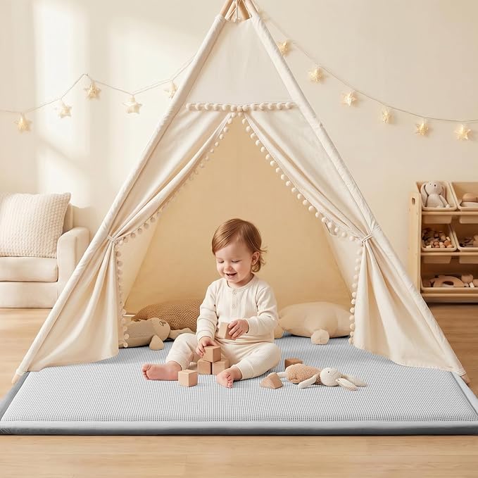 Baby Play Mat for Floor Tummy Time Nursery Rug Muscle Area Rug Playroom Rug 59x79" Elastic Foam 1.3" Thick Crawling Mat for Babies,Toddlers, Infants,Kids(Plaid Light Grey)