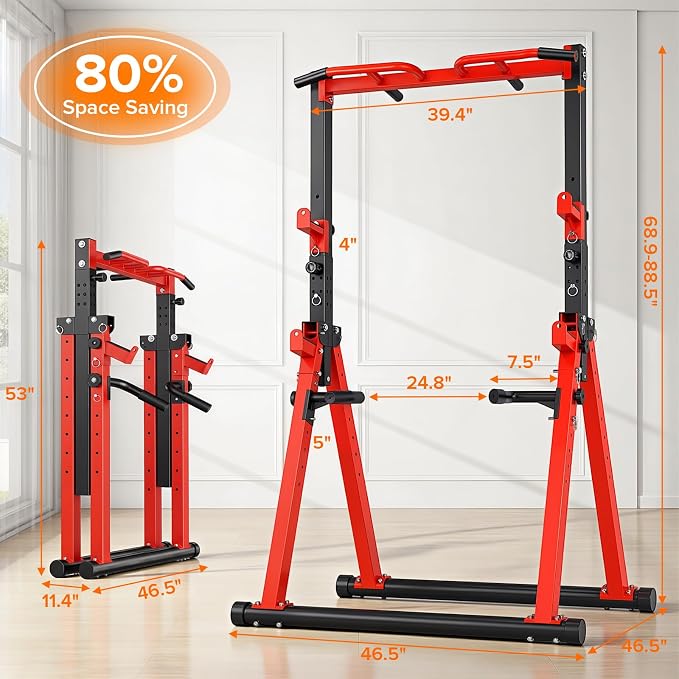 Foldable Power Tower Pull Up Bar Station, Adjustable Height | Portable Free Standing,700lbs Load Max, Adjustable Height fits Man,Woman,Power Tower Pull Up Dip Station, Multi Grips