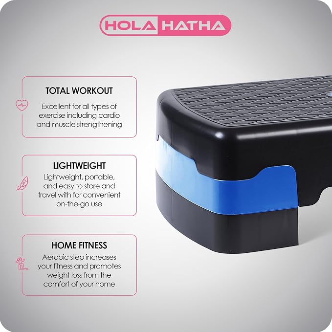 HolaHatha Compact Portable Aerobic Step Platform Exercise Fitness Equipment, Cardio Stepper with Adjustable Height for Home Gym