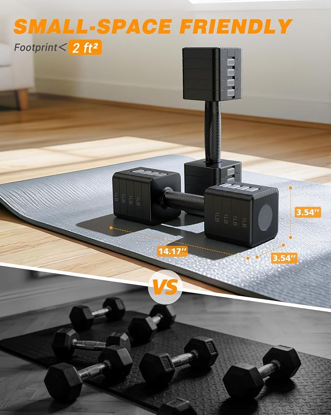 Rendpas Adjustable Dumbbell Set of 2, 10lb & 22lb Pairs (5lb/11lb Each) | Anti-Slip No-Roll Handle Weights, Bench Combo Option for Home Gym, Pilates & Strength Training