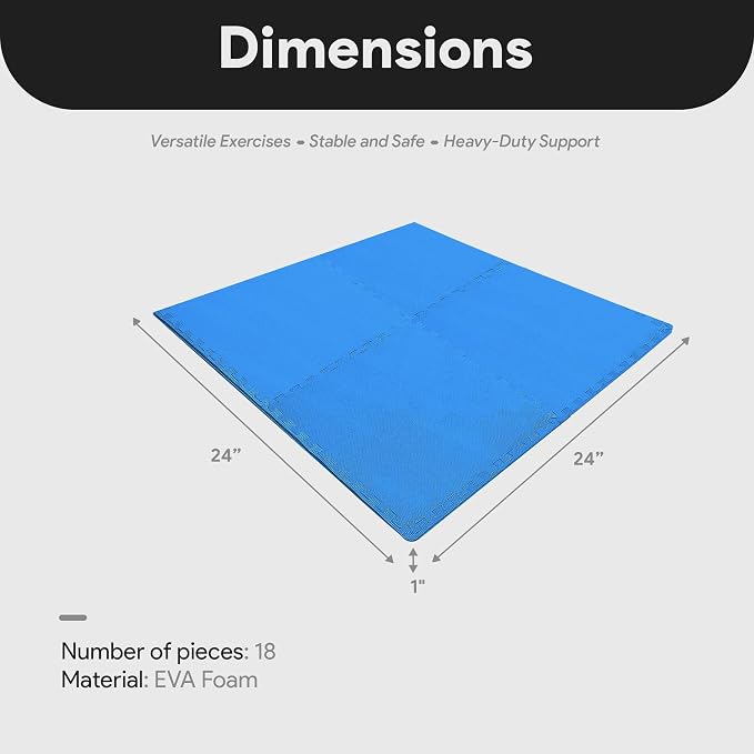 BalanceFrom Puzzle Exercise Mat 1" Thick, EVA Interlocking Foam Floor | Tiles for Home Gym, Mat for Home Workout Equipment, Floor Padding for Kids, Blue, 24 in x 24 in x 1 in, 72 Sq Ft - 18 Tiles
