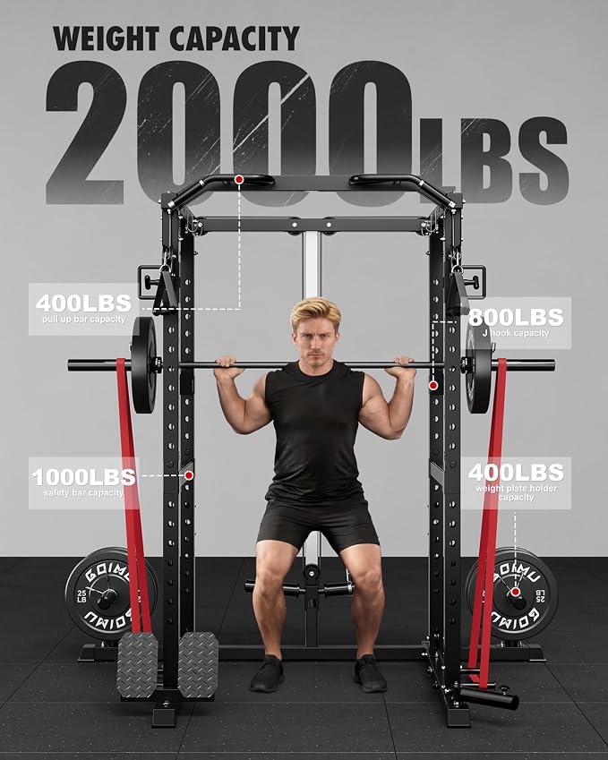RH01 Power Cage Rack, 2000LBS Squat Rack with with Cable Crossover System&LAT Pull Down System, Multi-Function Workout Cage for Home&Garage Gym