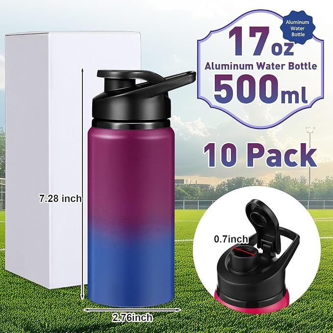Mimorou 10 Pack Aluminum Water Bottles Bulk 17oz Reusable Leak-Proof Lightweight Sport Bottles Set for Travel Gym Team Camping & Party Favors, 10 Colors