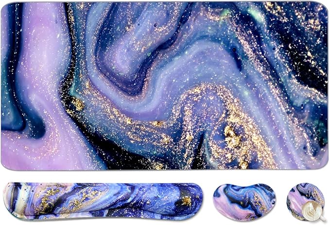 4-in-1 Large Gaming Mouse Pad, Keyboard Wrist Rest Pad & Wrist Support Mousepad Set, Extended Desk Pad Waterproof Desk Mat for Home Office Study Game - Purple Marble