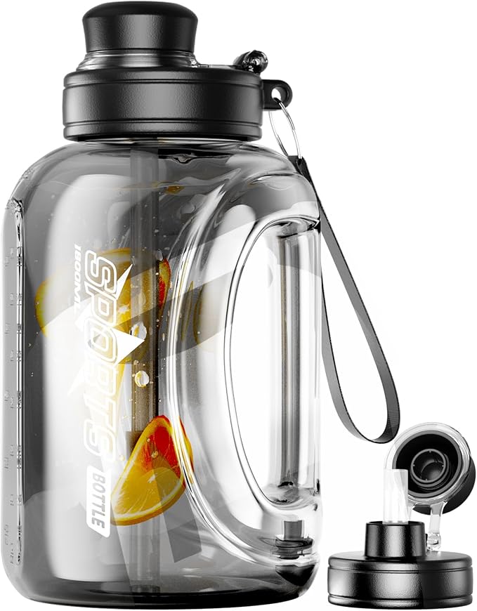 Doseno 60 oz Water Bottle, 1.8 L Big Water Jug with Straw, Handle and Strap | Black 1-pack large plastic gym water jug with handle and strap for drinking during workouts, sports and outdoor activities