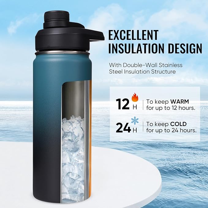 Fijinhom Insulated Water Bottle with Handle, 304 Stainless Steel Water Bottles with Wide Mouth, Double Wall Vacuum Sports Water Bottle, BPA Free, Keep Cold and Hot, 18 Ounces, Blue&Black