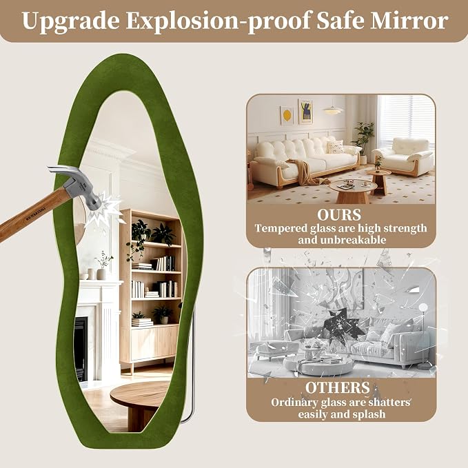 Full Length Mirror, 71"x30" Flannel Floor Mirrors with Stand | Irregular Wavy Mirror, Full Body Tempered Glass Mirror Hanging or Leaning Wall for Bedroom Living Room, Green