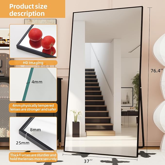 LFT HUIMEI2Y 76.4"x37" Full Length Mirror, Black Floor Mirror | Tempered Oversized Mirror Full Body with Aluminum Alloy Frame; Standing, Leaning, or Wall Mount for Bedroom, Living Room