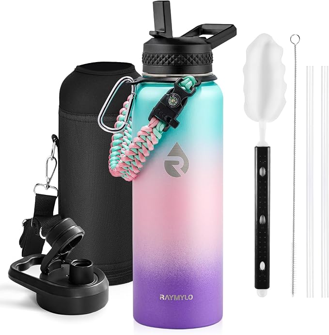RAYMYLO Insulated Water Bottle 40 oz, Triple Wall Vacuum Stainless Steel | (Cold for 36Hrs, Hot for 18Hrs), Leak Proof & Non-BPA, Modern Water Flask Jug with Paracord Handle & Straw Spout Lids