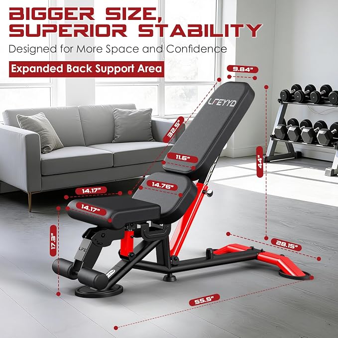 Adjustable Weight Bench, 1800LB Incline/Decline Workout Bench Home Gym | 7 back + 3 seat positions + Flat/Incline/Decline + Full-body training