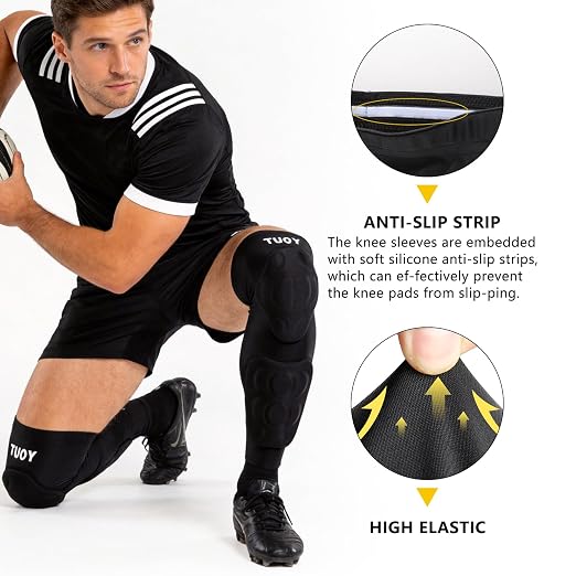 Padded Knee & Shin Guards, Compression Adult Proslide Leg Sleeve Pads, Sliding Anti-Slip Breathable Foam Padding Knee Brace for Football & Multi-Sport (1 Pair)