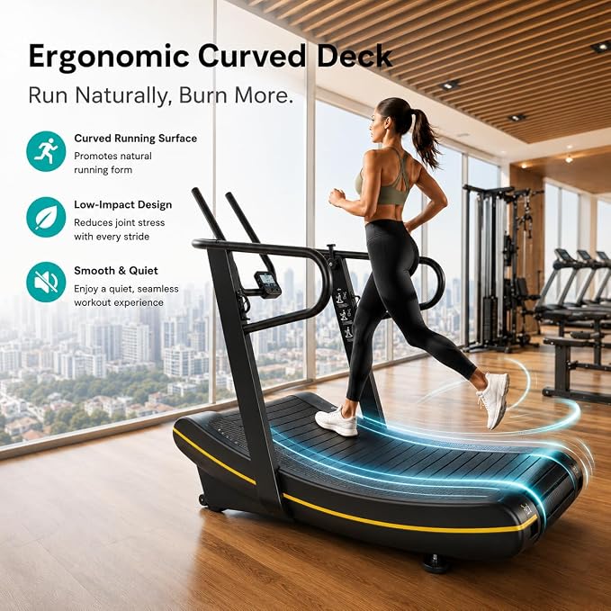 Curved Manual Treadmill, Non Electric Treadmill with 8 Resistance Levels | Self-powered curved treadmill with 8 resistance levels, LED display, rubber belt, phone holder, and transport wheels.