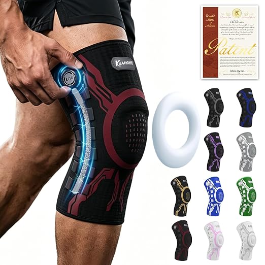 Kuangmi Knob Knee Brace for Pain Relief, Knee Support with Patella Gel Pad & Side Stabilizers, Compression Knee Sleeve for Workout, Arthritis, Joint Pain, Meniscus Tear (Red Black,Right,Large,Single)