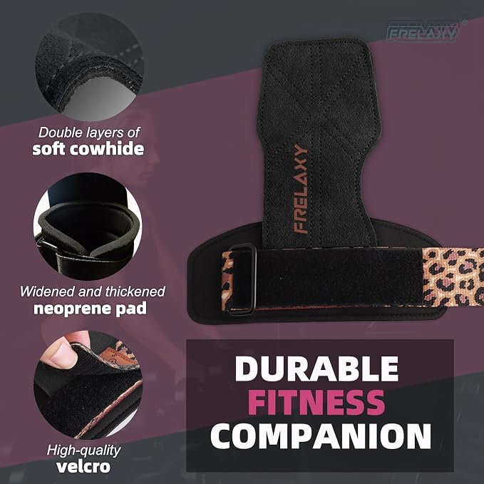 Frelaxy Lifting Wrist Straps for Women and Men, Weight Lifting Grips | Double-layer leather, Cushioned wrist support, Durable construction, Storage pouch, Deadlifts, rows, lat pulldowns