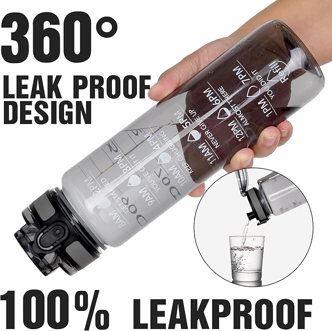 OLDLEY Water Bottle, 32oz Motivational Sports Water Bottle with Time Marker - Times to Drink - Tritan, BPA Free, Wide Mouth Leakproof,Smoke Grey