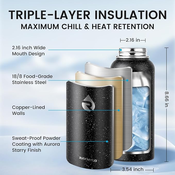 RAYMYLO Insulated Water Bottle 32 oz, Triple Wall Vacuum Stainless Steel | (Cold for 24Hrs, Hot for 12Hrs), Leak Proof & Non-BPA, Modern Water Flask Jug with Paracord Handle & Straw Spout Lids