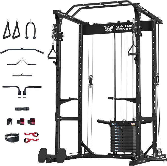 MAJOR FITNESS Power Cage Drone1 Premium- Multi-Function Power Rack for Home Gym, Squat Rack with Pull-up Bar, Cable Crossover System, J-Hooks, for Strength Training, Heavy-Duty Steel Construction
