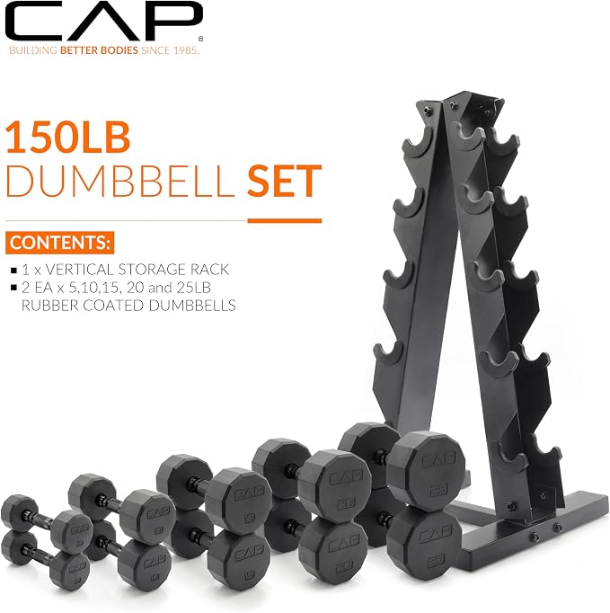 CAP Rubber Coated Hex Dumbbell Set with Storage Rack | 100–210 lb Options, Space-Saving Vertical Compact Storage for Home Gym Strength Training