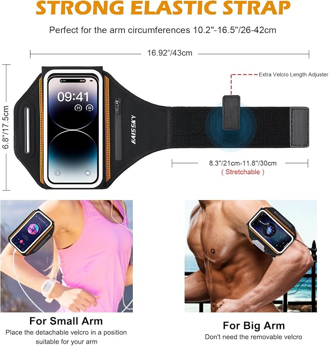 Running Armband with Earphone Bag, 6.9" Phone Holder for iPhone Samsung | Zipper Pocket for Keys & Earphones, TPU Touchscreen & Water-Resistant, 3D Design Phone Armband, Stretchy Fits Arm 13"-16.5"
