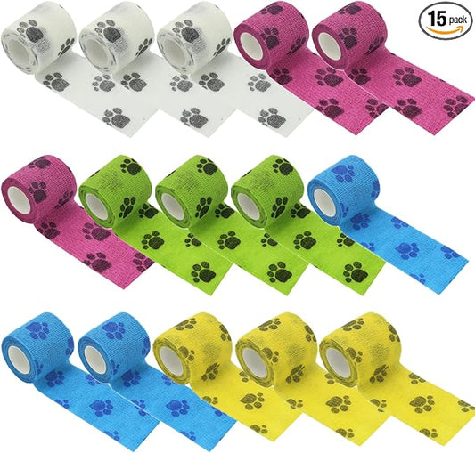 KISEER 15 Pack 2 Inch x 5 Yards Self Adhesive Bandage Breathable Cohesive Bandage Wrap Rolls Elastic Self-Adherent Tape for Stretch Athletic, Sports, Wrist, Ankle (Multi Paw)
